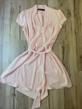 Lauren Ralph Lauren Blush Pink V-Neck Tie-Waist Mini Dress